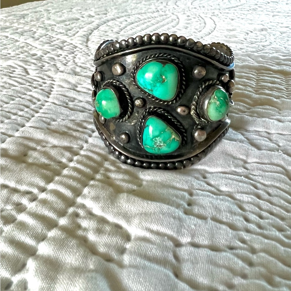 Vintage Handmade Silver Mens Women’s Bracelet Cuff Adjustable Navajo Turquoise